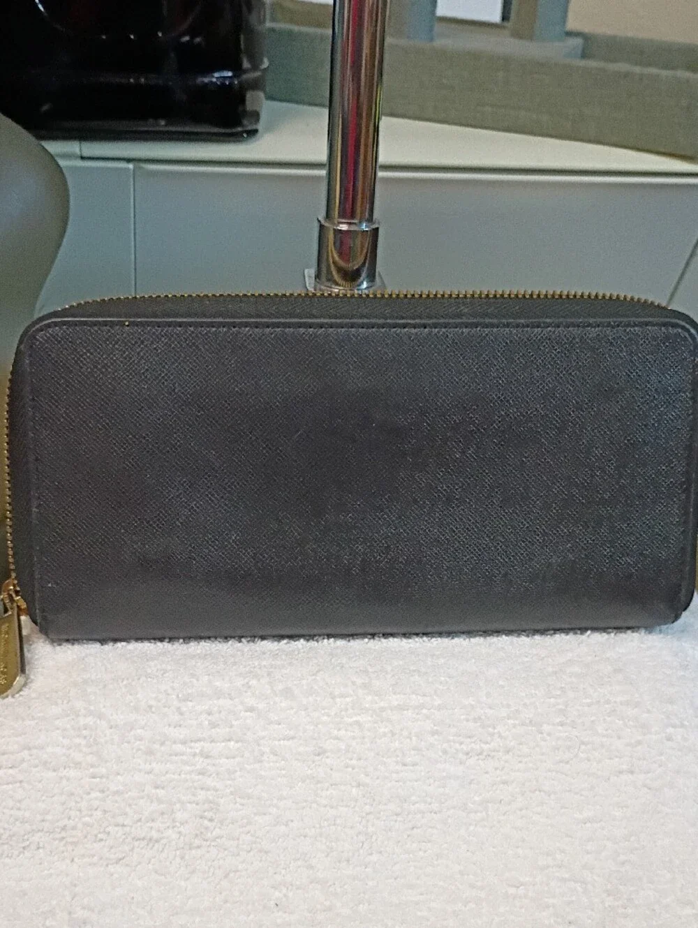 Michael Kors Black Zip-Around Saffiano Wallet with Gold Logo